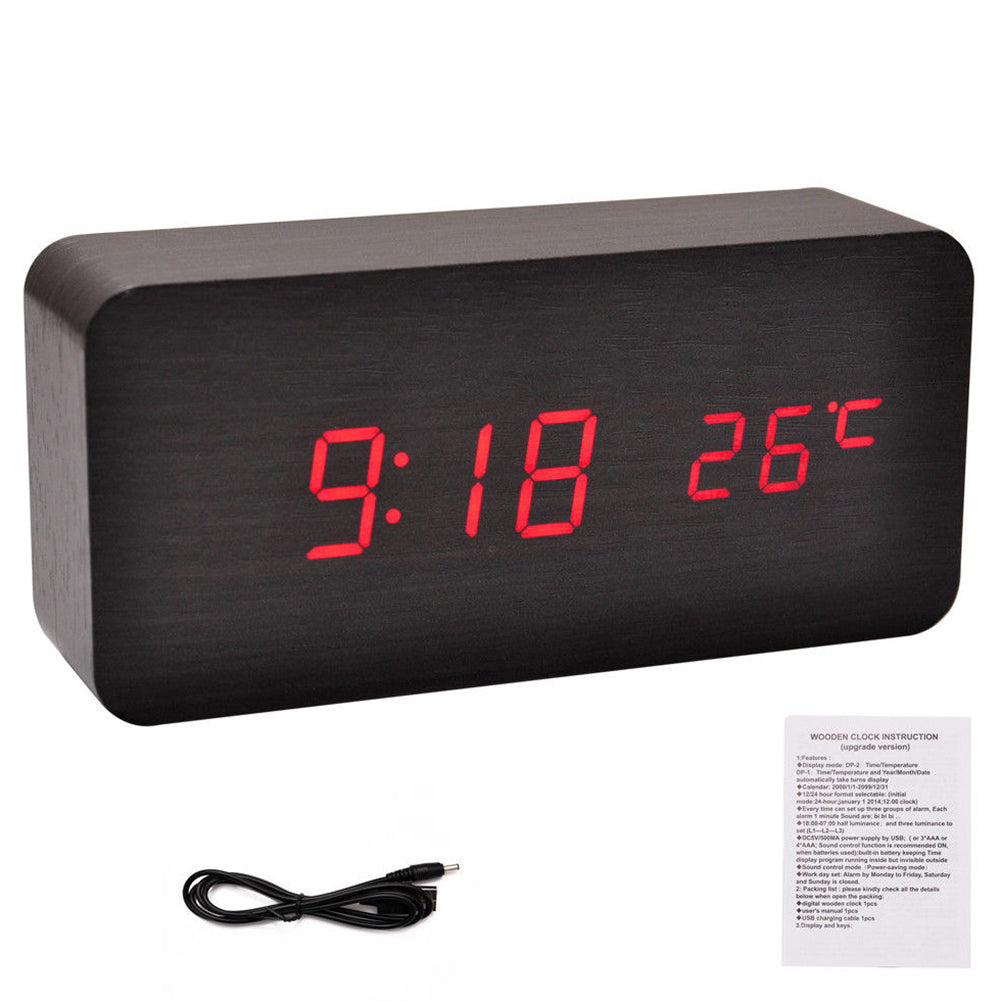 Modern Wooden Wood USB/AAA Digital LED Desk Alarm Clock Calendar Thermometer