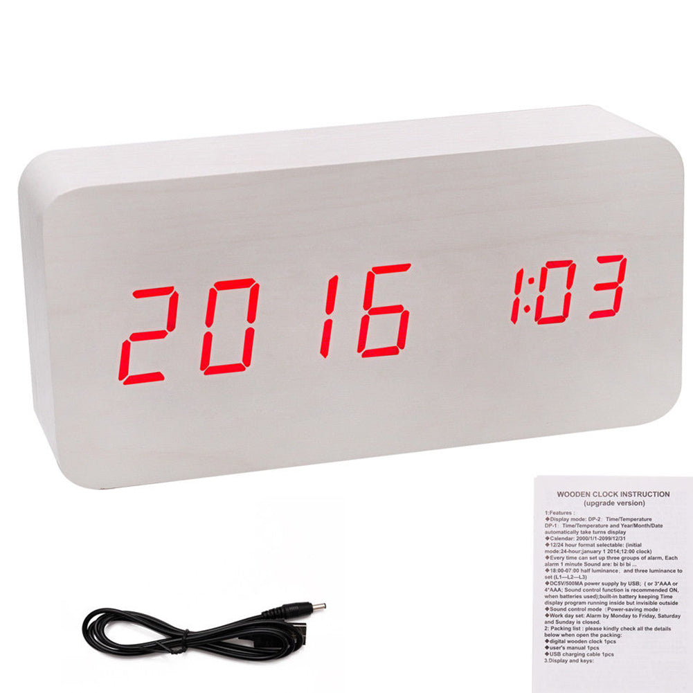 Modern Wooden Wood USB/AAA Digital LED Desk Alarm Clock Calendar Thermometer