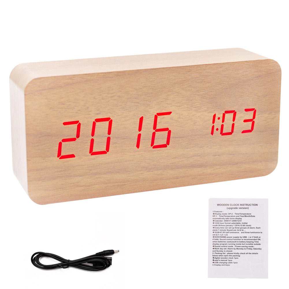 Modern Wooden Wood USB/AAA Digital LED Desk Alarm Clock Calendar Thermometer
