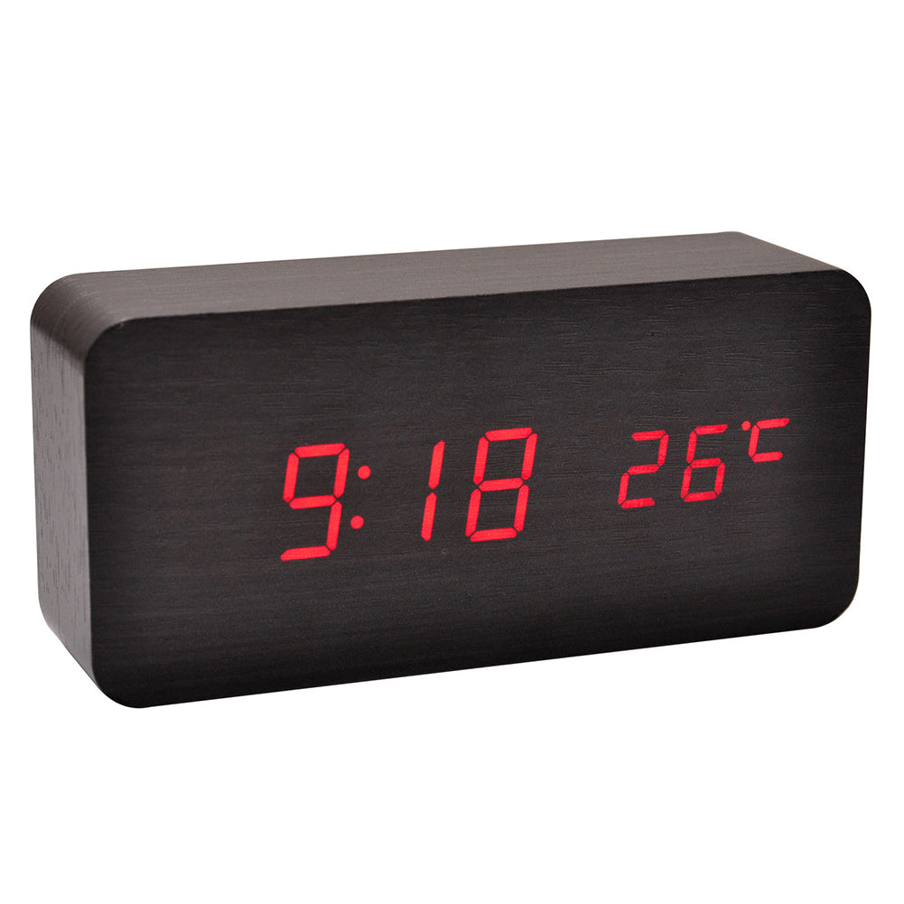 Modern Wooden Wood USB/AAA Digital LED Desk Alarm Clock Calendar Thermometer