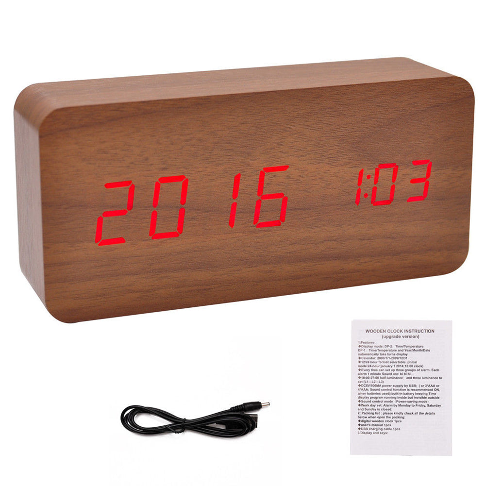 Modern Wooden Wood USB/AAA Digital LED Desk Alarm Clock Calendar Thermometer