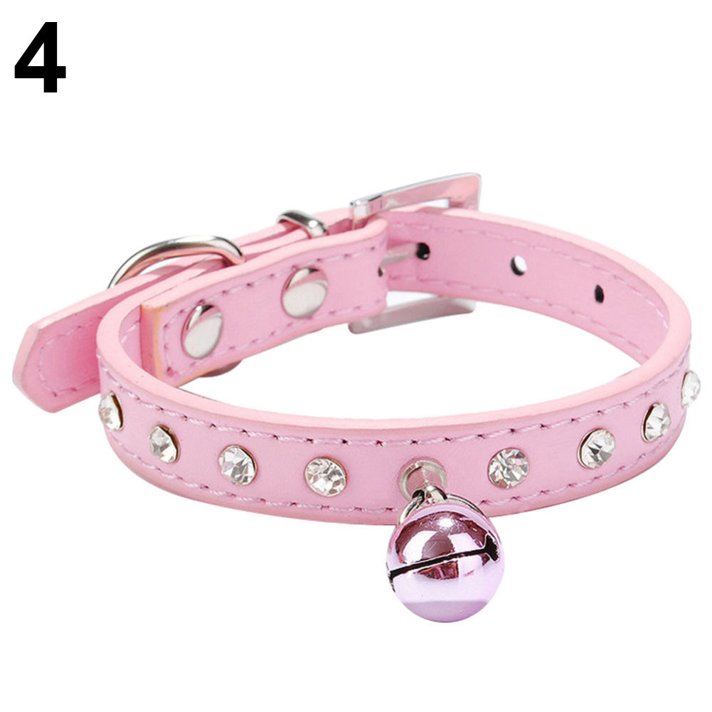 Faux Leather Diamante Cat Dog Puppy Adjustable Safety Pet Collar Buckle Bell