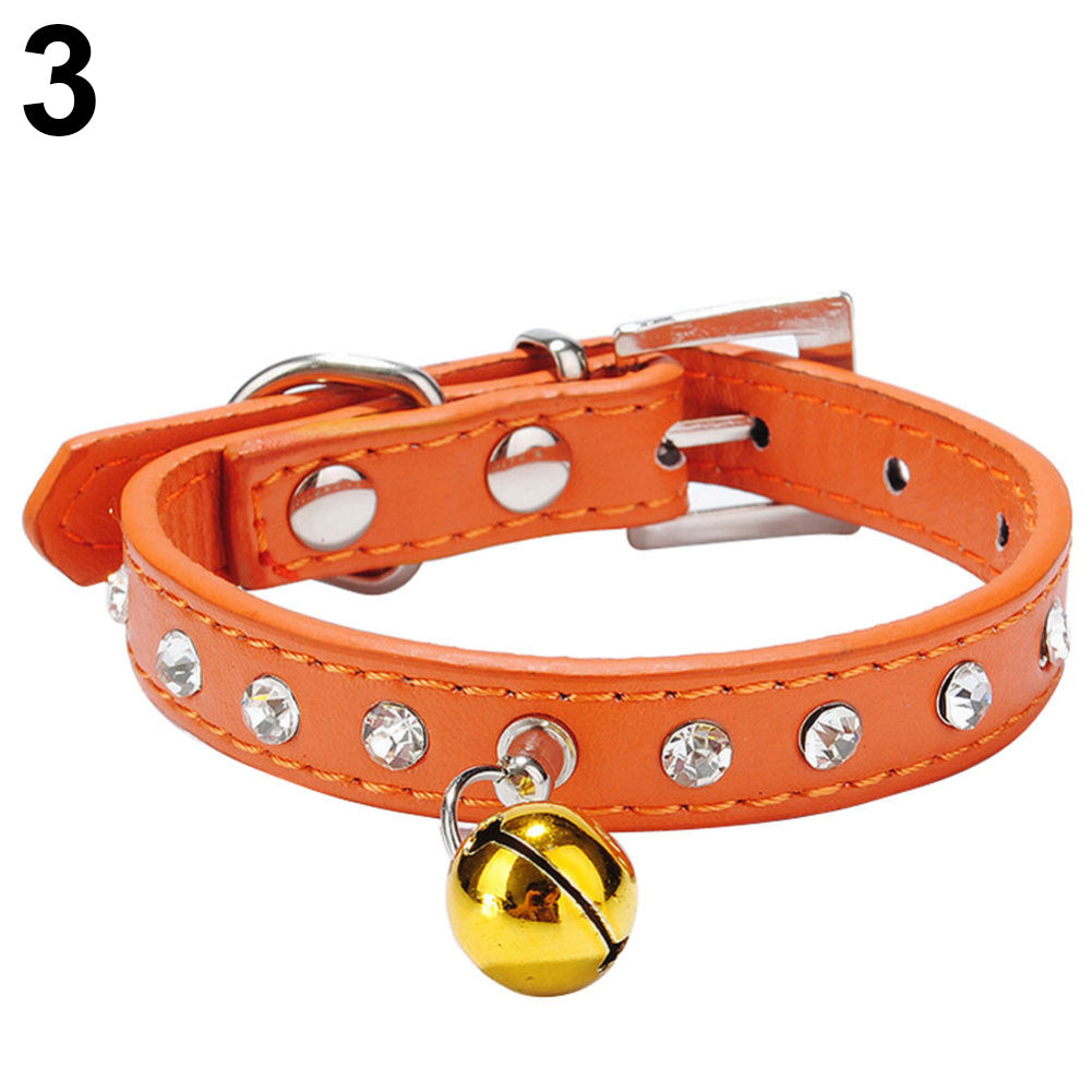 Faux Leather Diamante Cat Dog Puppy Adjustable Safety Pet Collar Buckle Bell