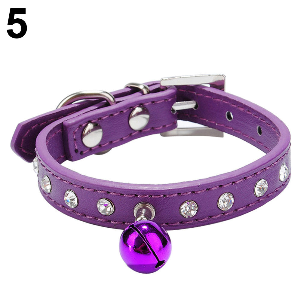 Faux Leather Diamante Cat Dog Puppy Adjustable Safety Pet Collar Buckle Bell