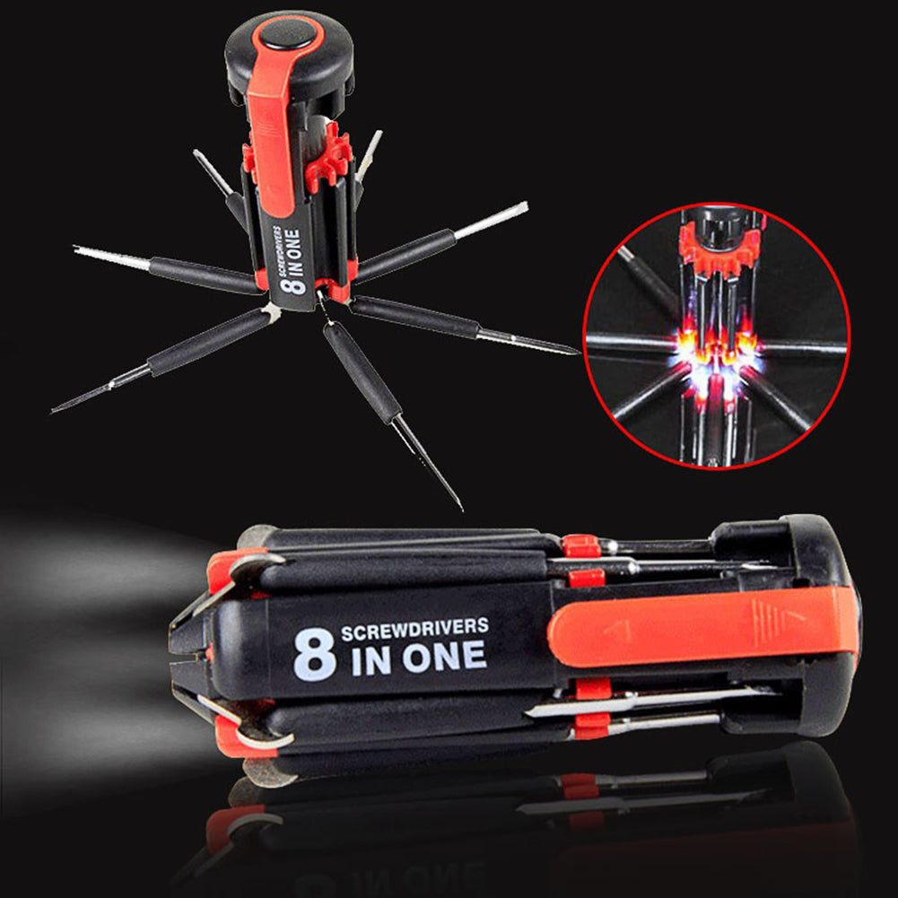 8in1 Portable Slotted Cross Screwdriver with LED Light Tool for Home Camping