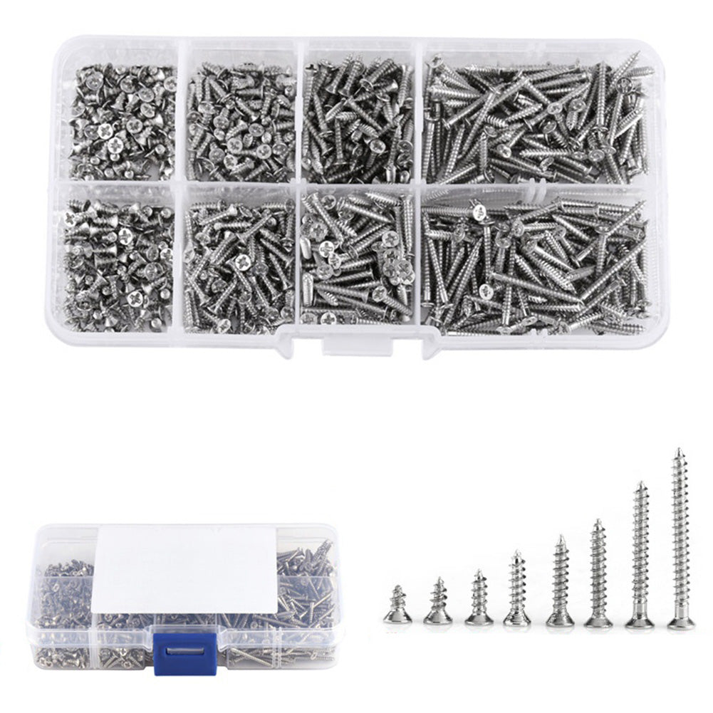 800Pcs M2 Cross Drive Flat Head Self-Tapping Screws Woodworking Fastener with Box