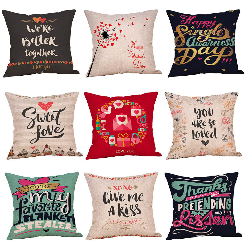 Happy Valentine Letters Linen Throw Pillow Case Sofa Bed Decor Cushion Cover