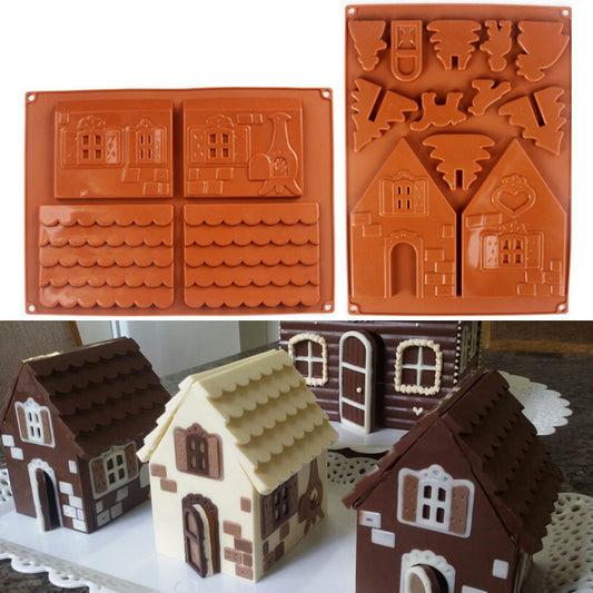 2Pcs/Set 3D Christmas House Silicone Chocolate Cake Mold Mould DIY Baking Tool