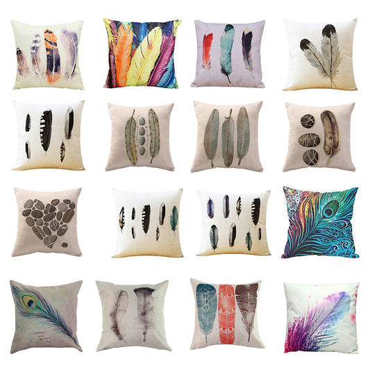 Feather Print Linen Throw Pillow Case Replaceable Cushion Cover Cafe Sofa Decor