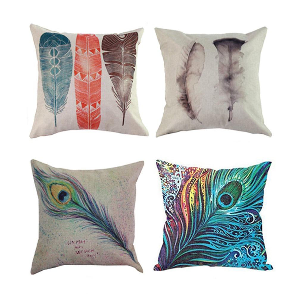 Feather Print Linen Throw Pillow Case Replaceable Cushion Cover Cafe Sofa Decor