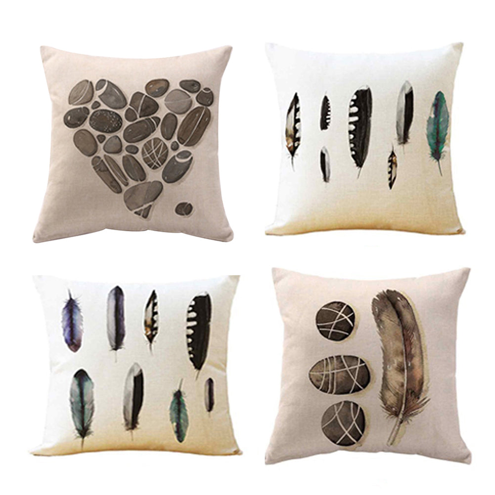 Feather Print Linen Throw Pillow Case Replaceable Cushion Cover Cafe Sofa Decor