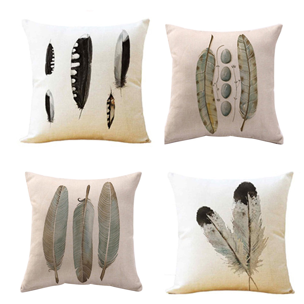 Feather Print Linen Throw Pillow Case Replaceable Cushion Cover Cafe Sofa Decor