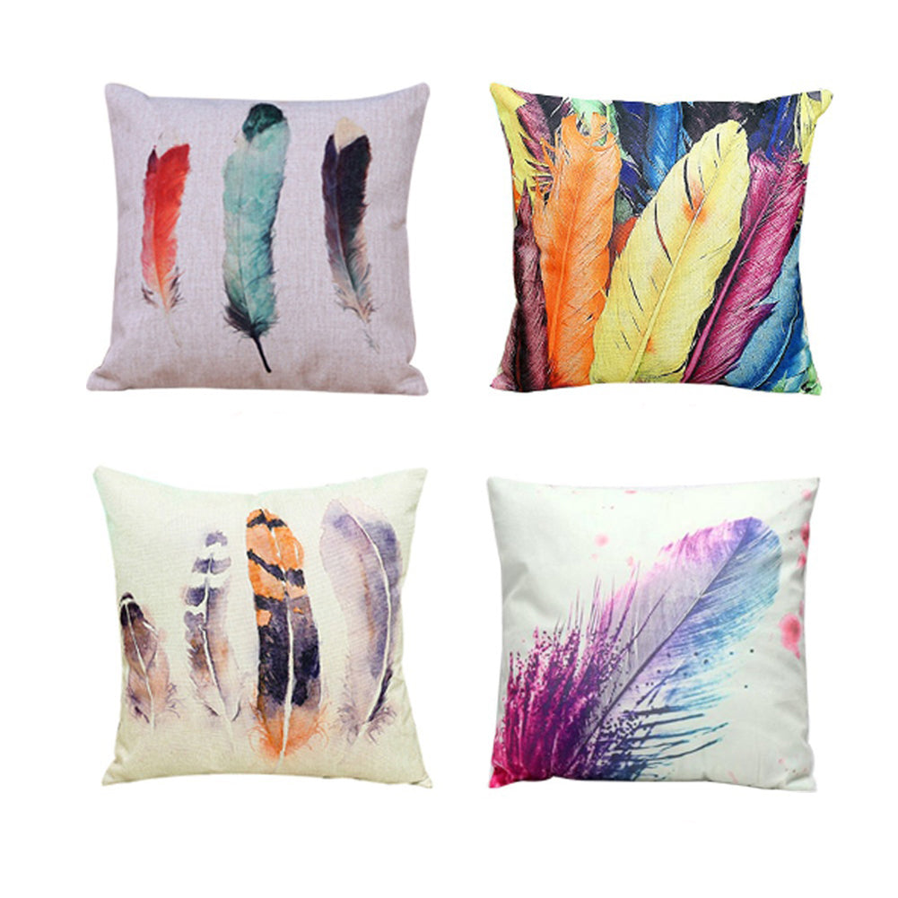 Feather Print Linen Throw Pillow Case Replaceable Cushion Cover Cafe Sofa Decor