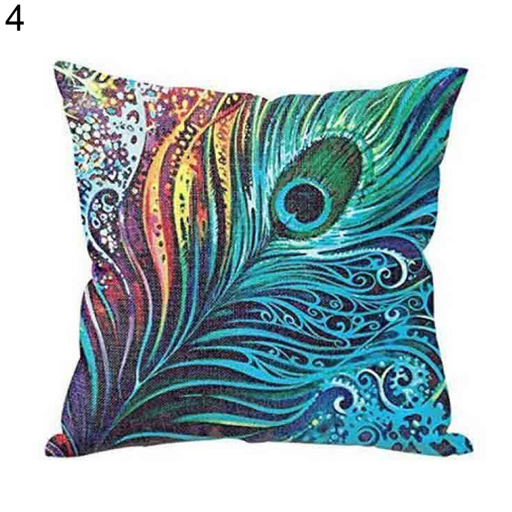 Feather Print Linen Throw Pillow Case Replaceable Cushion Cover Cafe Sofa Decor