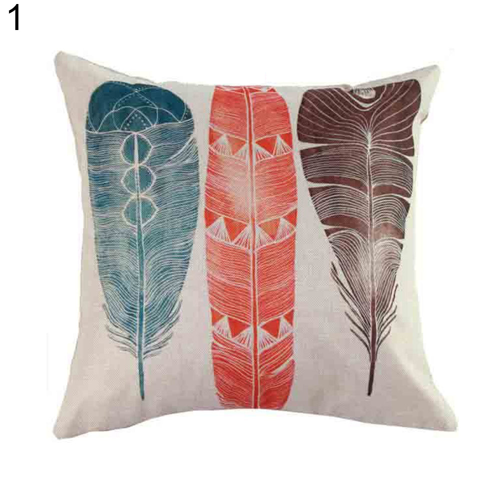 Feather Print Linen Throw Pillow Case Replaceable Cushion Cover Cafe Sofa Decor