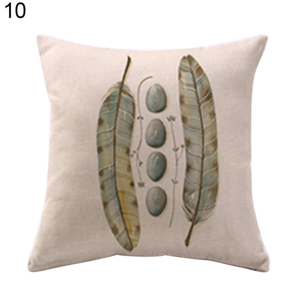 Feather Print Linen Throw Pillow Case Replaceable Cushion Cover Cafe Sofa Decor
