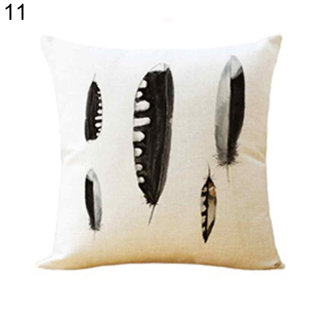 Feather Print Linen Throw Pillow Case Replaceable Cushion Cover Cafe Sofa Decor