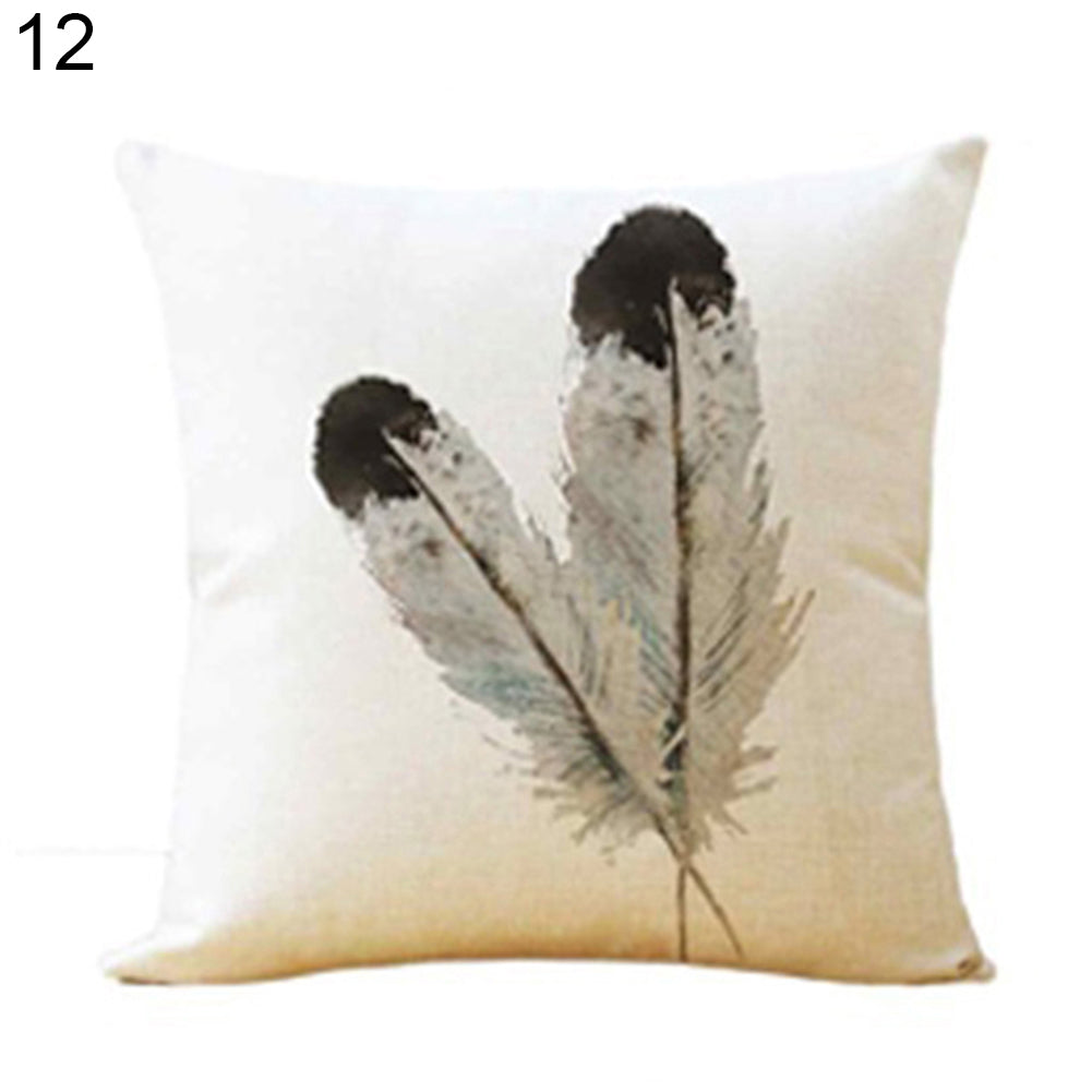 Feather Print Linen Throw Pillow Case Replaceable Cushion Cover Cafe Sofa Decor