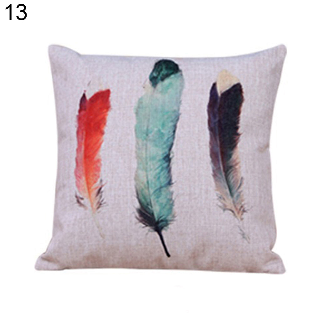 Feather Print Linen Throw Pillow Case Replaceable Cushion Cover Cafe Sofa Decor