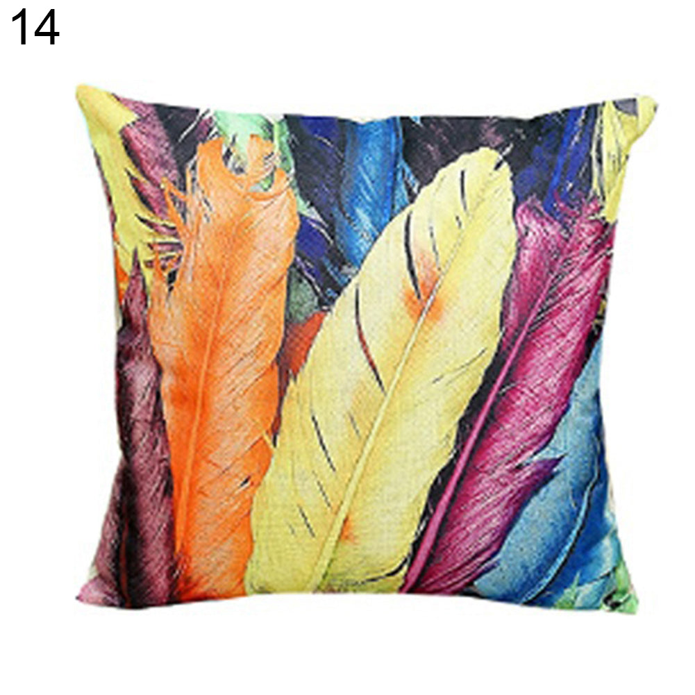 Feather Print Linen Throw Pillow Case Replaceable Cushion Cover Cafe Sofa Decor