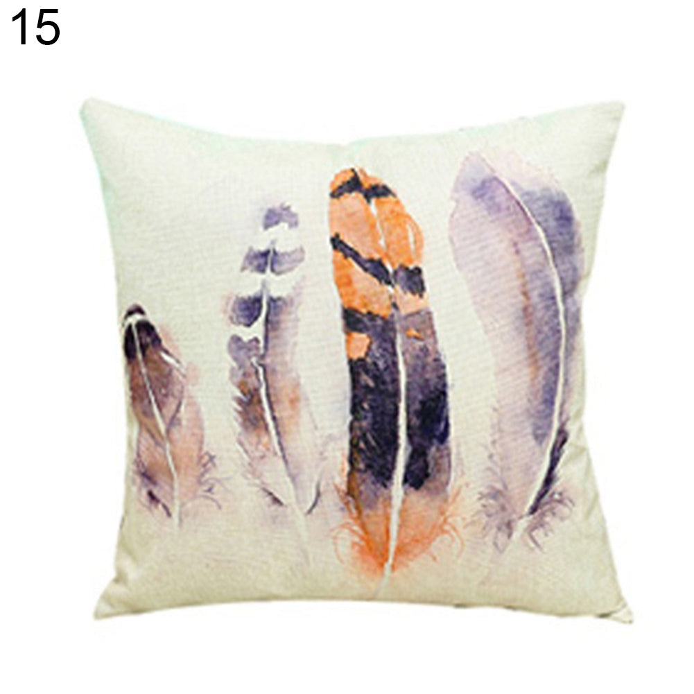 Feather Print Linen Throw Pillow Case Replaceable Cushion Cover Cafe Sofa Decor