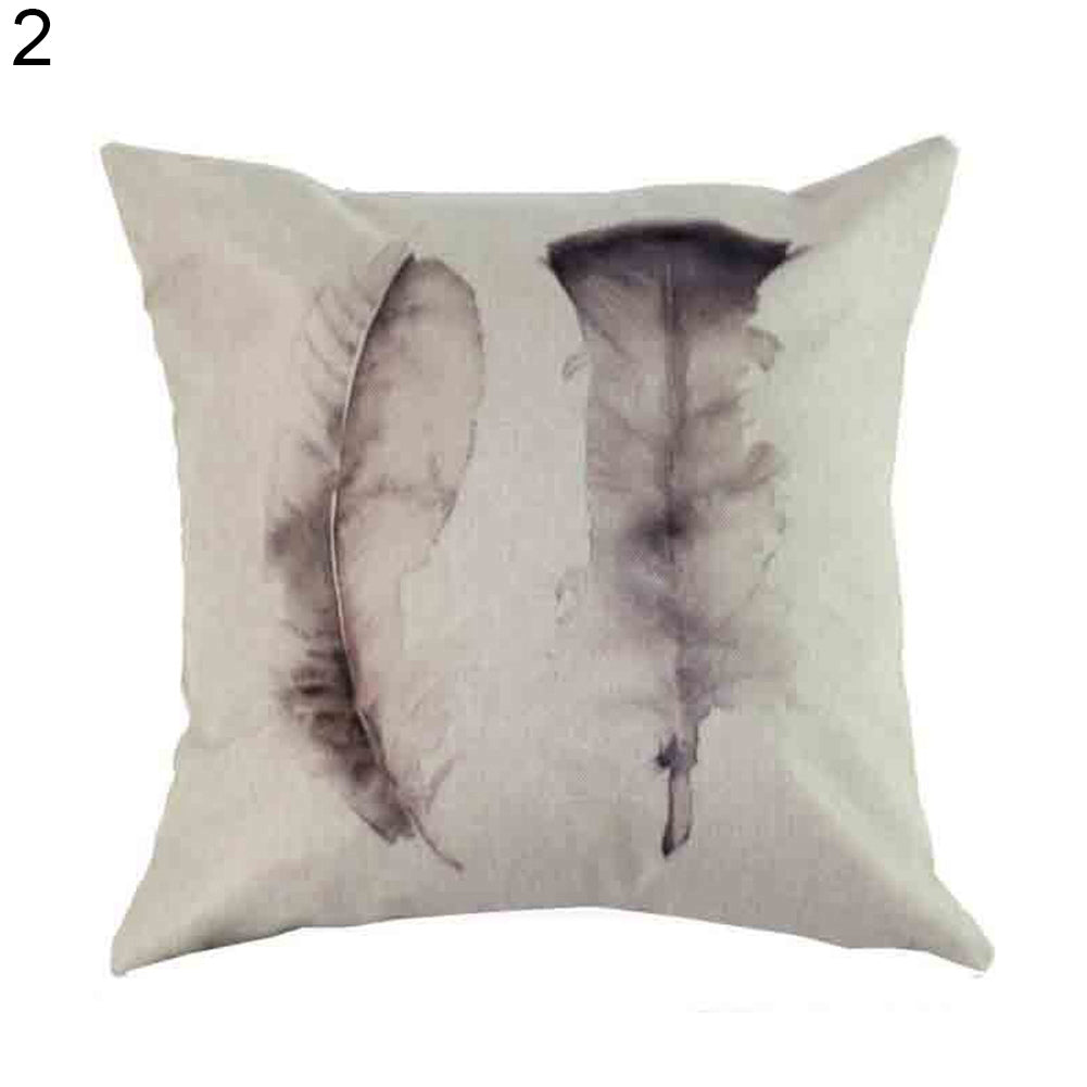 Feather Print Linen Throw Pillow Case Replaceable Cushion Cover Cafe Sofa Decor