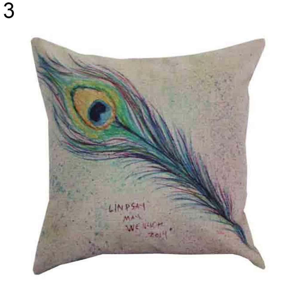 Feather Print Linen Throw Pillow Case Replaceable Cushion Cover Cafe Sofa Decor
