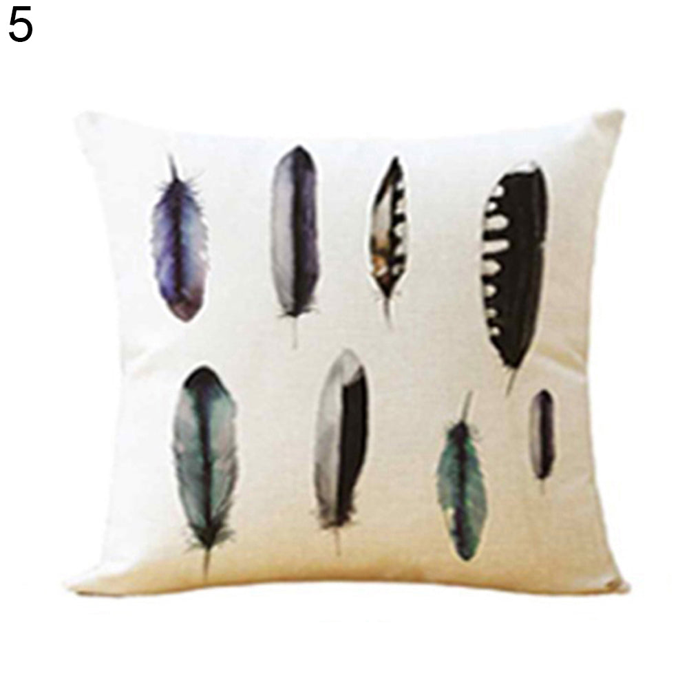 Feather Print Linen Throw Pillow Case Replaceable Cushion Cover Cafe Sofa Decor