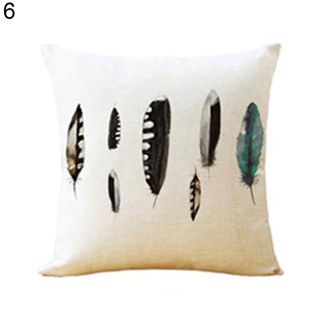 Feather Print Linen Throw Pillow Case Replaceable Cushion Cover Cafe Sofa Decor