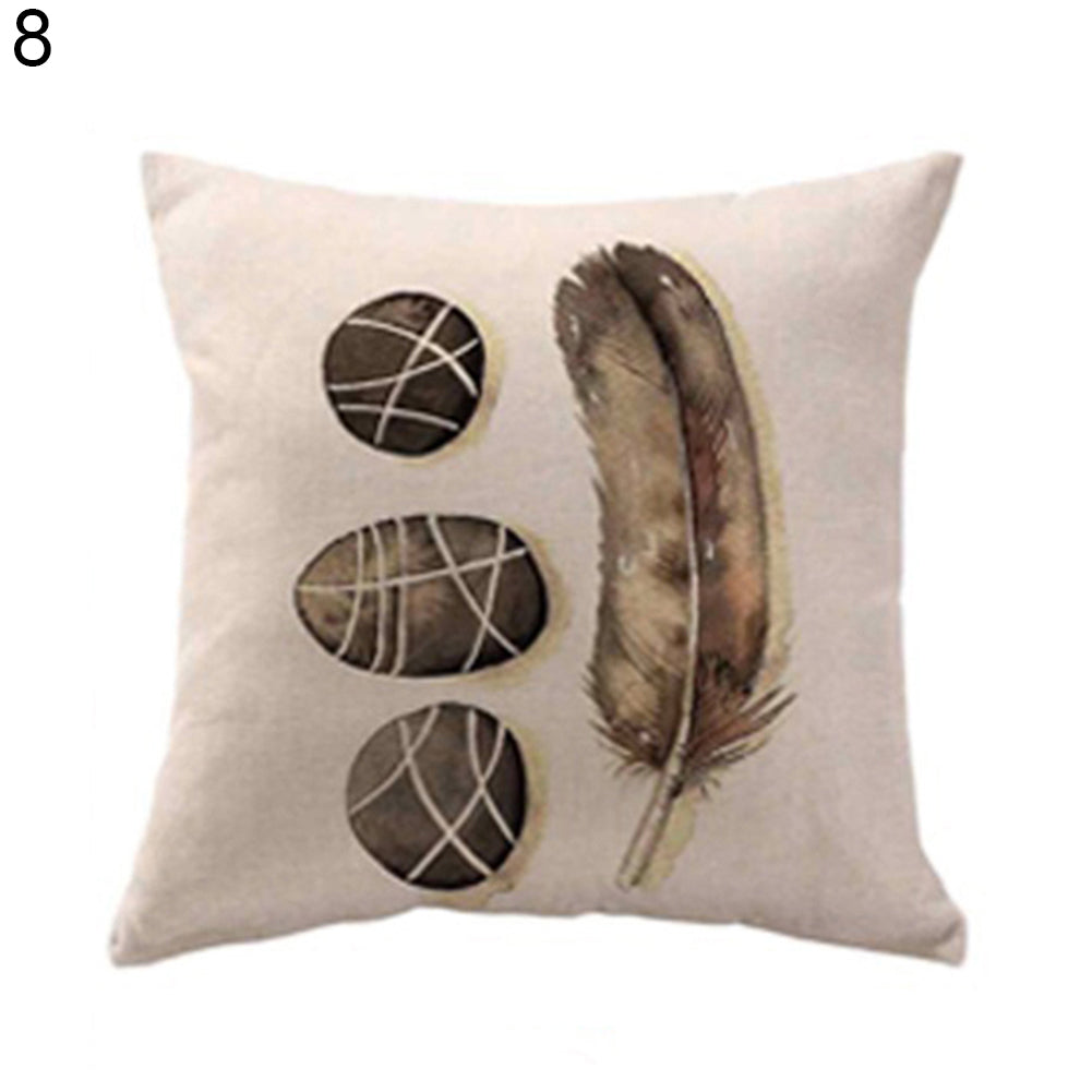 Feather Print Linen Throw Pillow Case Replaceable Cushion Cover Cafe Sofa Decor