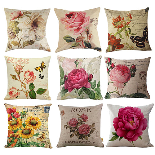 Vintage Linen Flower Print Throw Cushion Case Home Decoration Pillow Case Cover