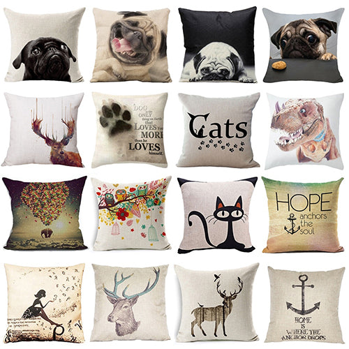 Lovely Dog Pug Elk Cat Animal Linen Cushion Decorative Throw Pillow Cover Case