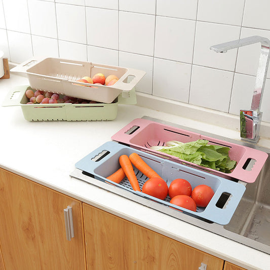 Hollowed Plastic Retractable Vegetable Basket Kitchen Fruit Washing Drain Rack