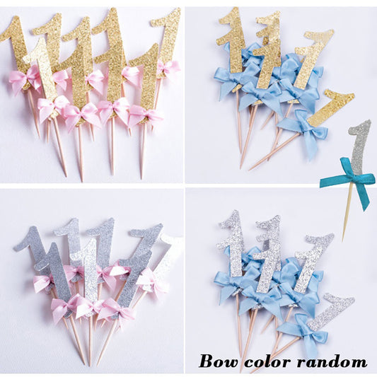 12Pcs Glittering Number 1 Bowknot Birthday Cake Cupcake Topper Party Decor