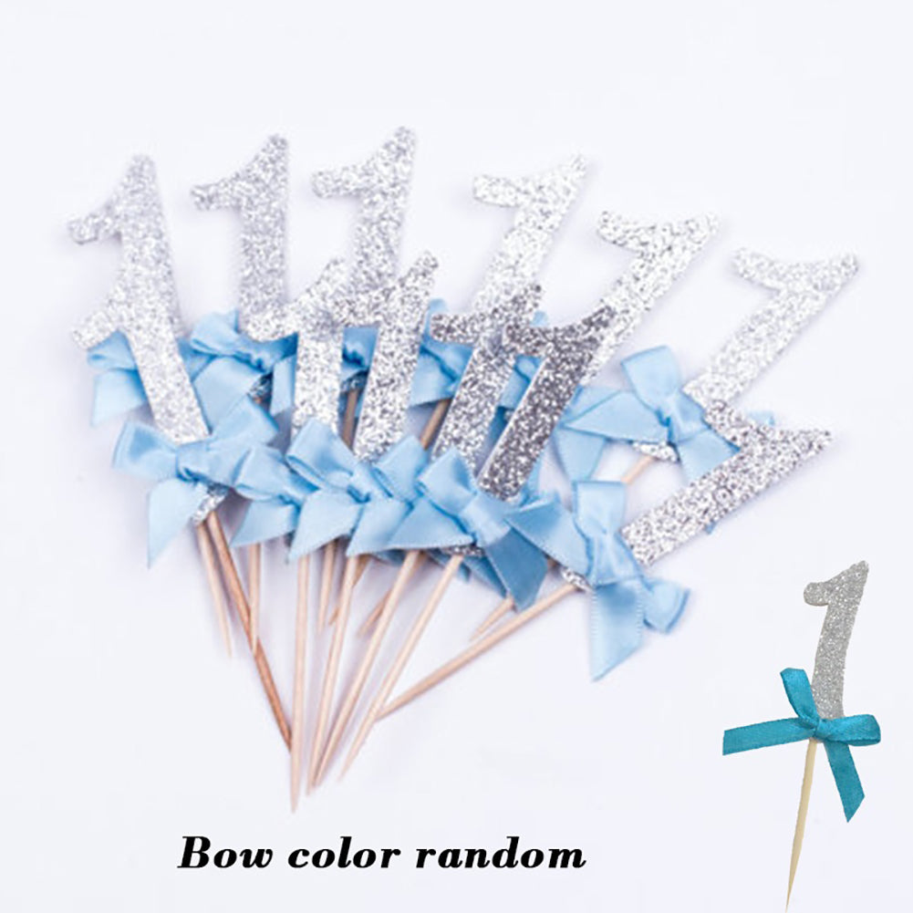 12Pcs Glittering Number 1 Bowknot Birthday Cake Cupcake Topper Party Decor