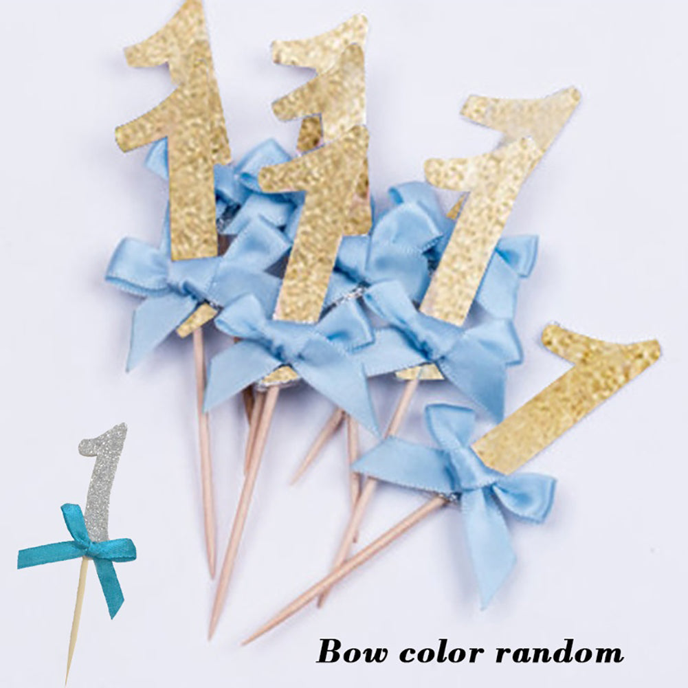 12Pcs Glittering Number 1 Bowknot Birthday Cake Cupcake Topper Party Decor