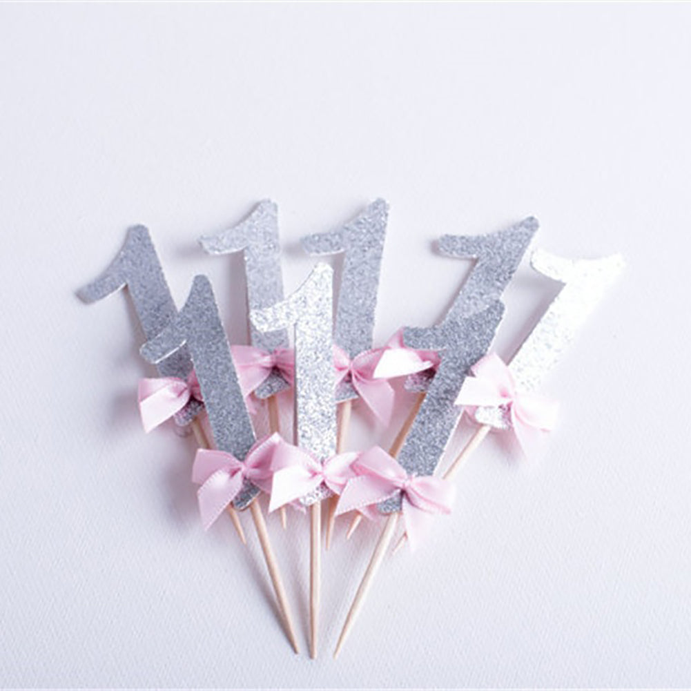 12Pcs Glittering Number 1 Bowknot Birthday Cake Cupcake Topper Party Decor