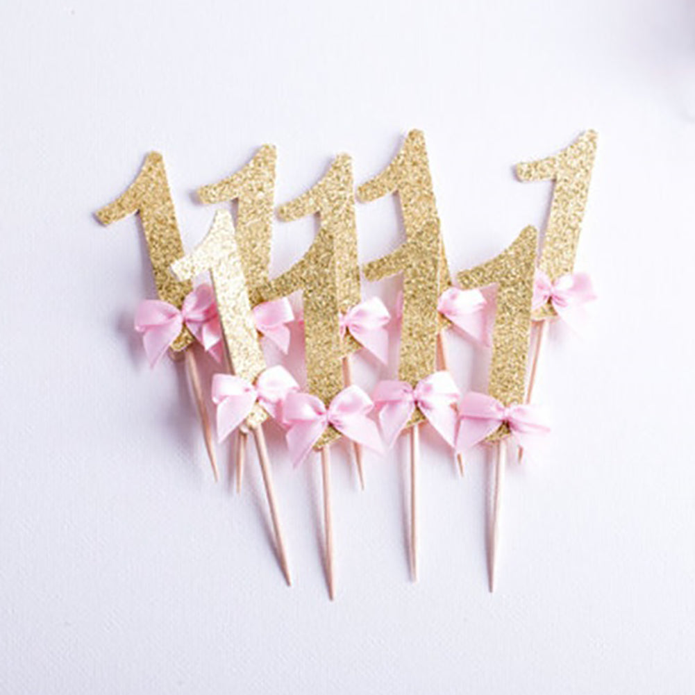 12Pcs Glittering Number 1 Bowknot Birthday Cake Cupcake Topper Party Decor