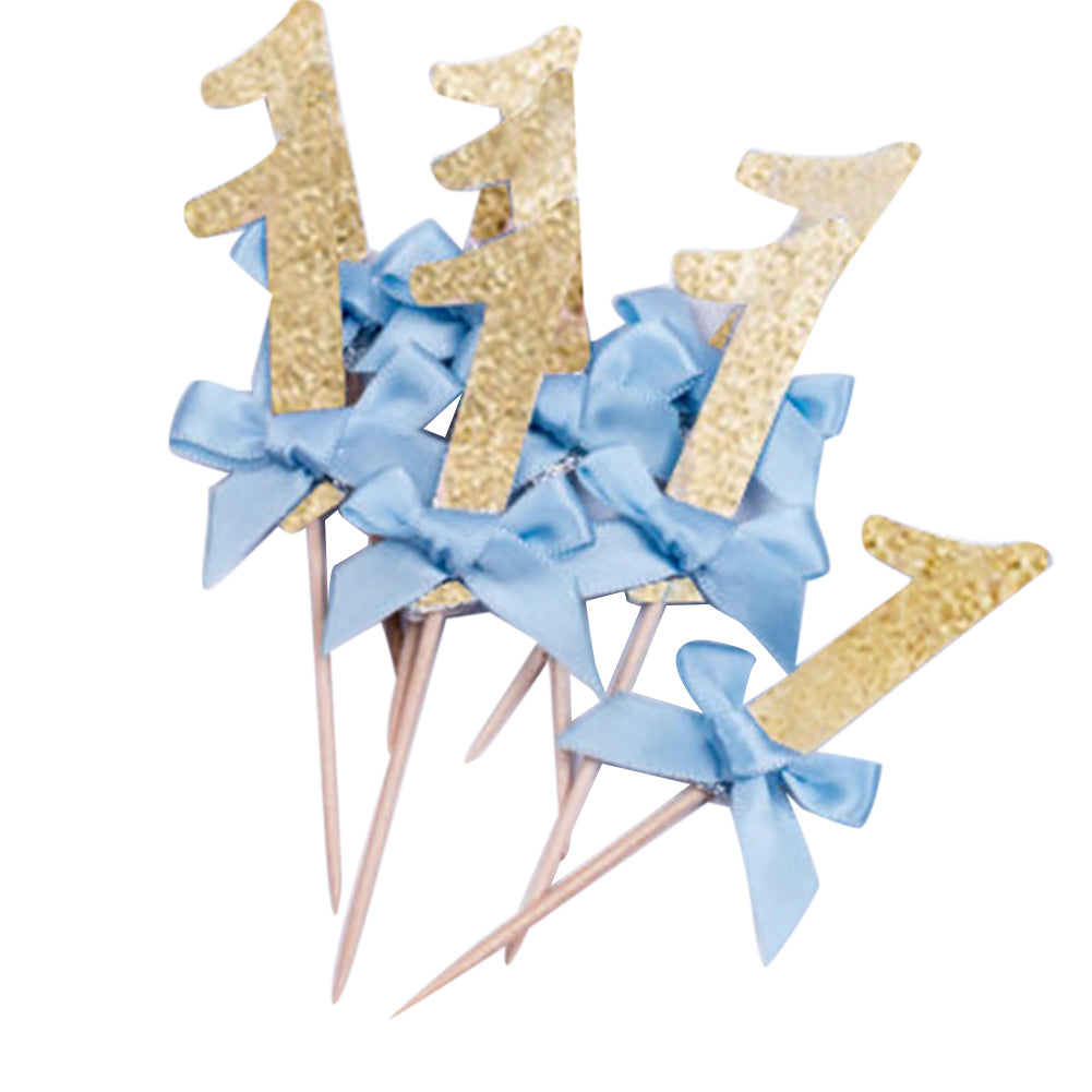 12Pcs Glittering Number 1 Bowknot Birthday Cake Cupcake Topper Party Decor