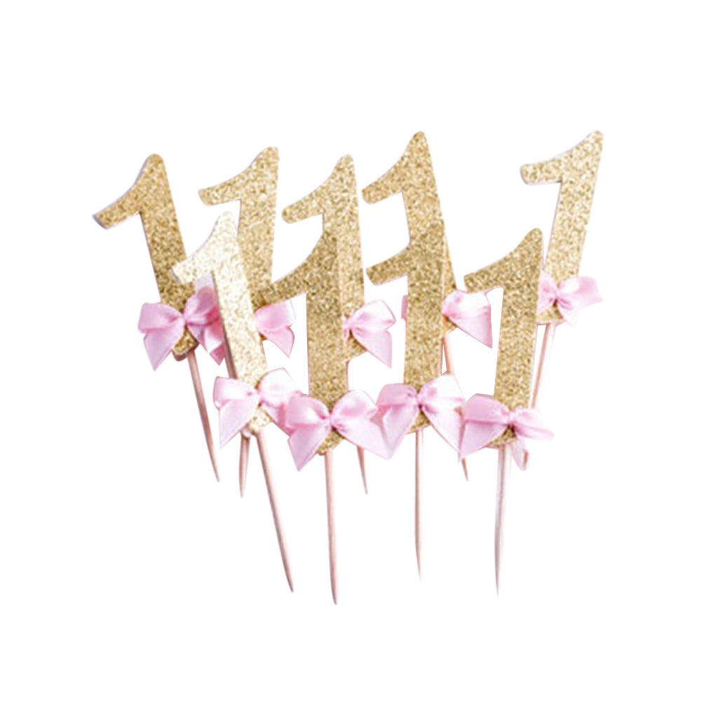 12Pcs Glittering Number 1 Bowknot Birthday Cake Cupcake Topper Party Decor