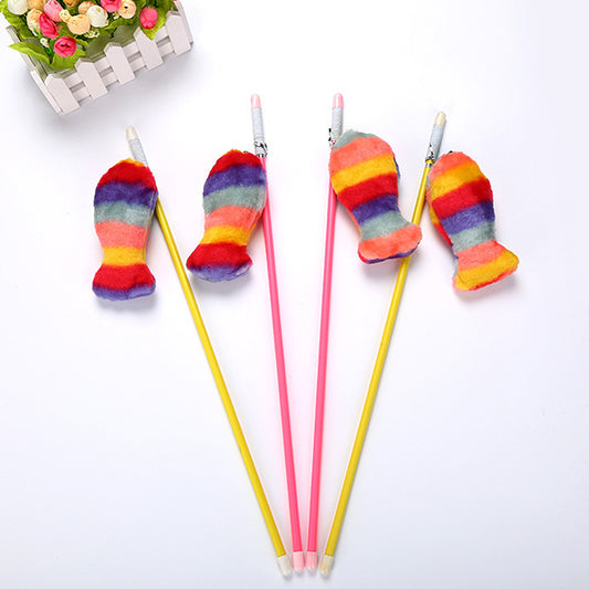 Lovely Rainbow Color Plush Fish Stick Pet Cat Teasing Play Interactive Toy