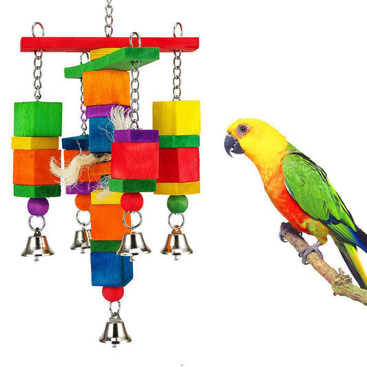 Colorful Funny Pet Birds Parrot Chew Bite Climbing Cage Toy Wooden Bell Gift