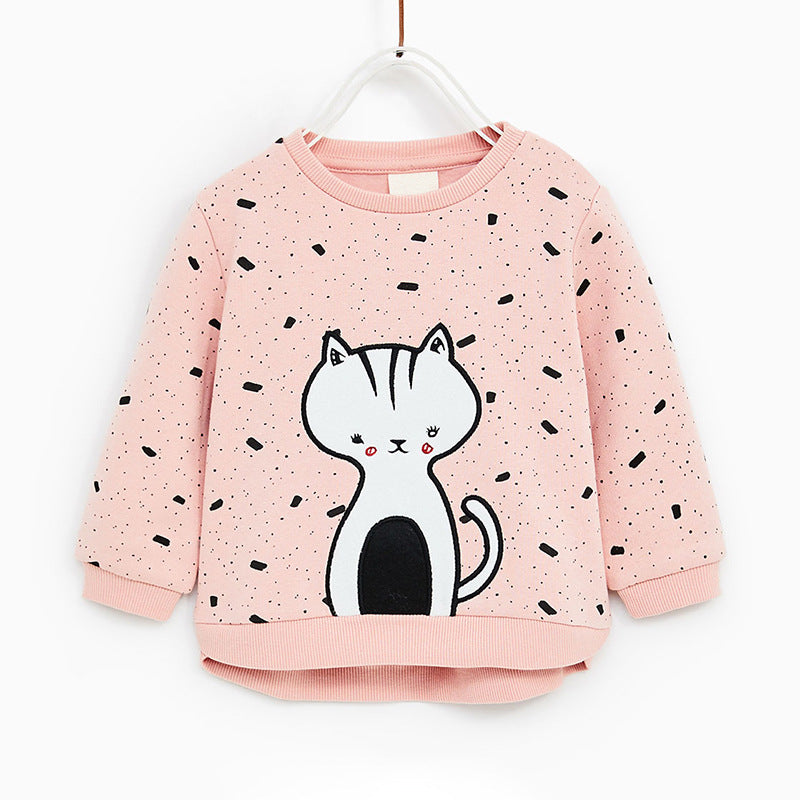 New Autumn Spring Children Clothing Sweet Pink Cat EmbroideryCotton Full- sleeved O-neck Girls Casual Hoodies