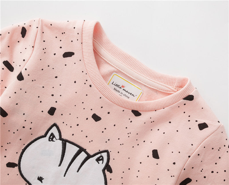 New Autumn Spring Children Clothing Sweet Pink Cat EmbroideryCotton Full- sleeved O-neck Girls Casual Hoodies