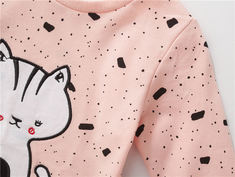 New Autumn Spring Children Clothing Sweet Pink Cat EmbroideryCotton Full- sleeved O-neck Girls Casual Hoodies