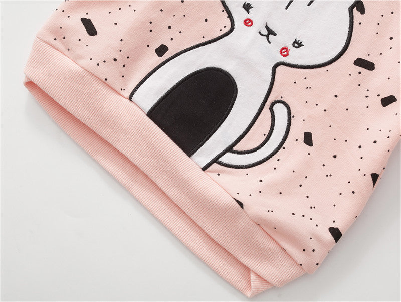 New Autumn Spring Children Clothing Sweet Pink Cat EmbroideryCotton Full- sleeved O-neck Girls Casual Hoodies