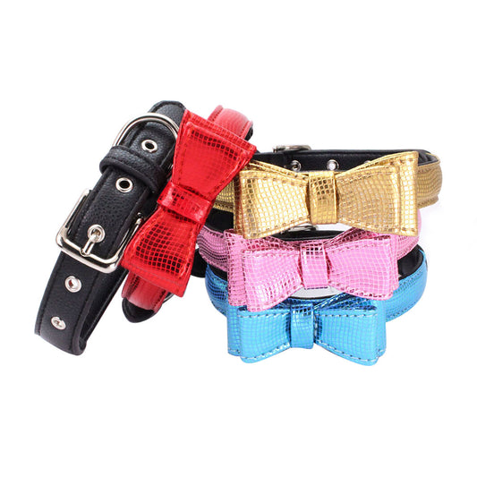 Fashion Snake Texture Bowknot Glossy Faux Leather Puppy Dog Collar Pet Necklace