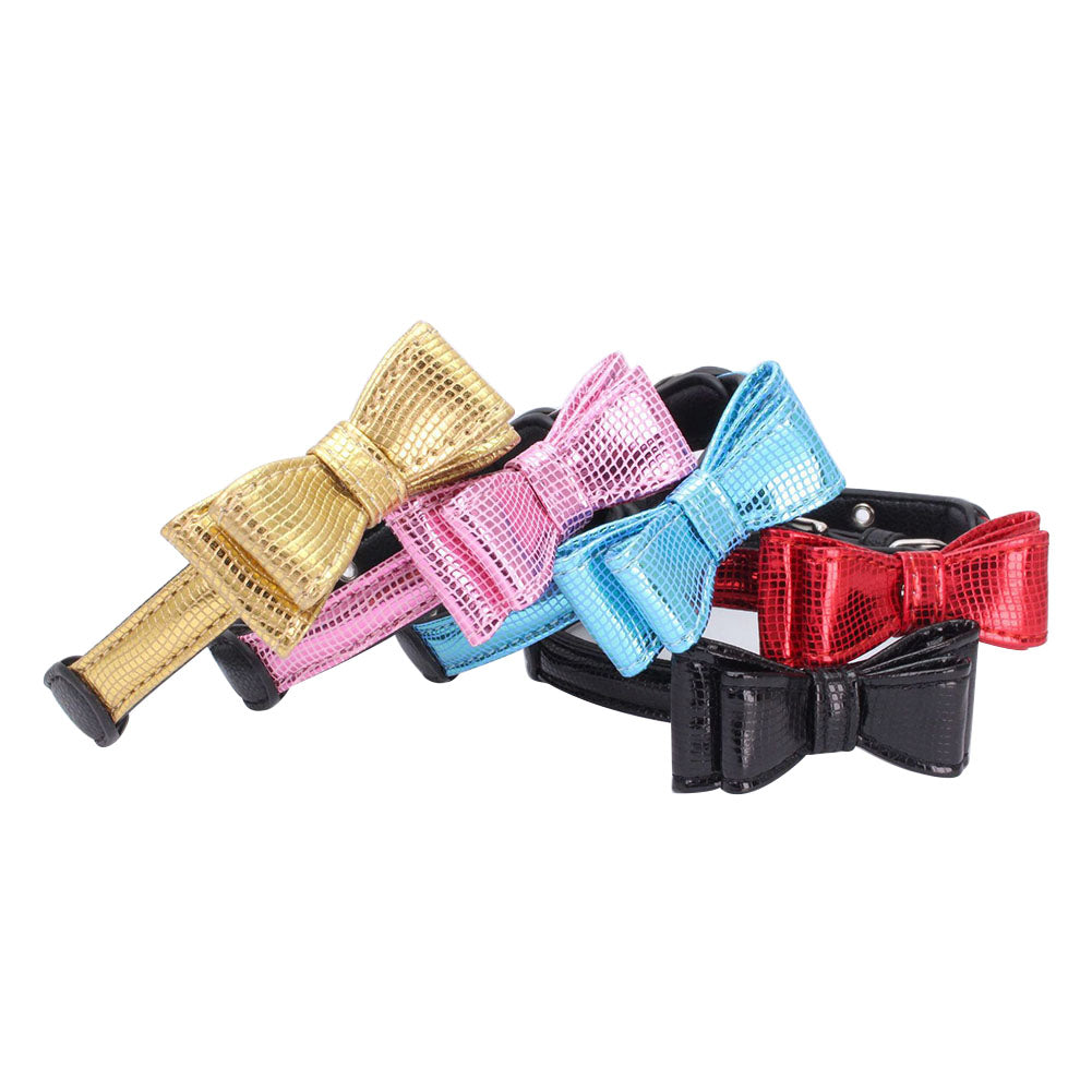 Fashion Snake Texture Bowknot Glossy Faux Leather Puppy Dog Collar Pet Necklace