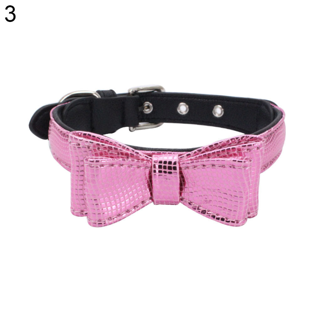 Fashion Snake Texture Bowknot Glossy Faux Leather Puppy Dog Collar Pet Necklace