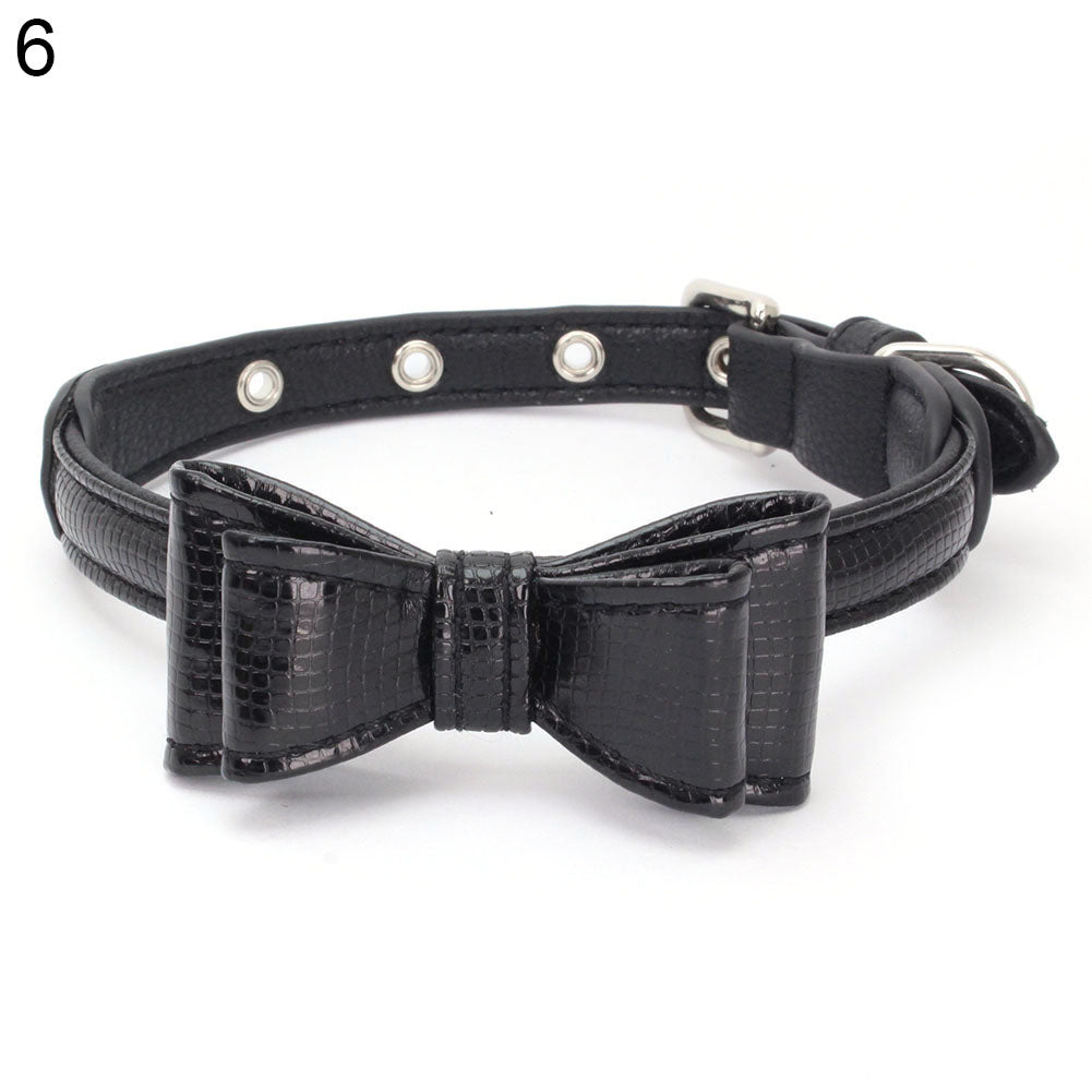 Fashion Snake Texture Bowknot Glossy Faux Leather Puppy Dog Collar Pet Necklace